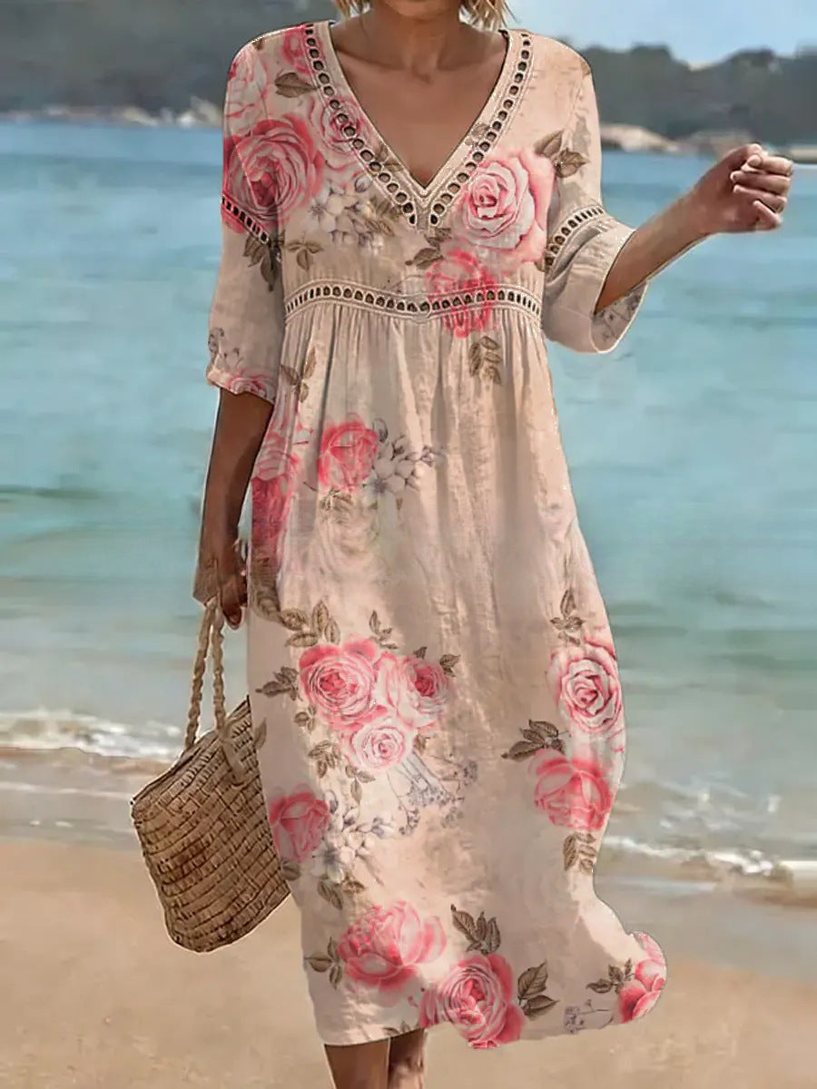 Women's V-Neck Floral & Print Midi Dress