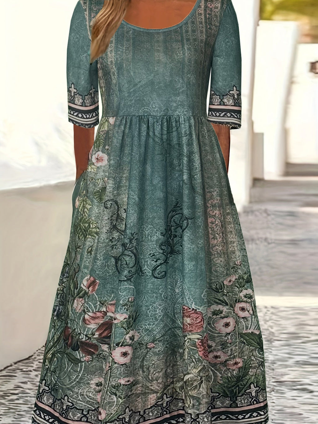 Women's round neck short sleeve bohemian print dress