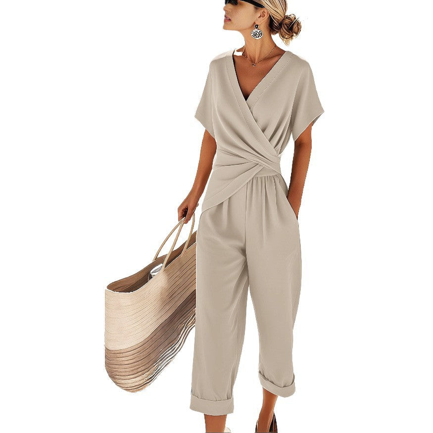 Wrap V Neck Twisted Waist Pocket Jumpsuit Women