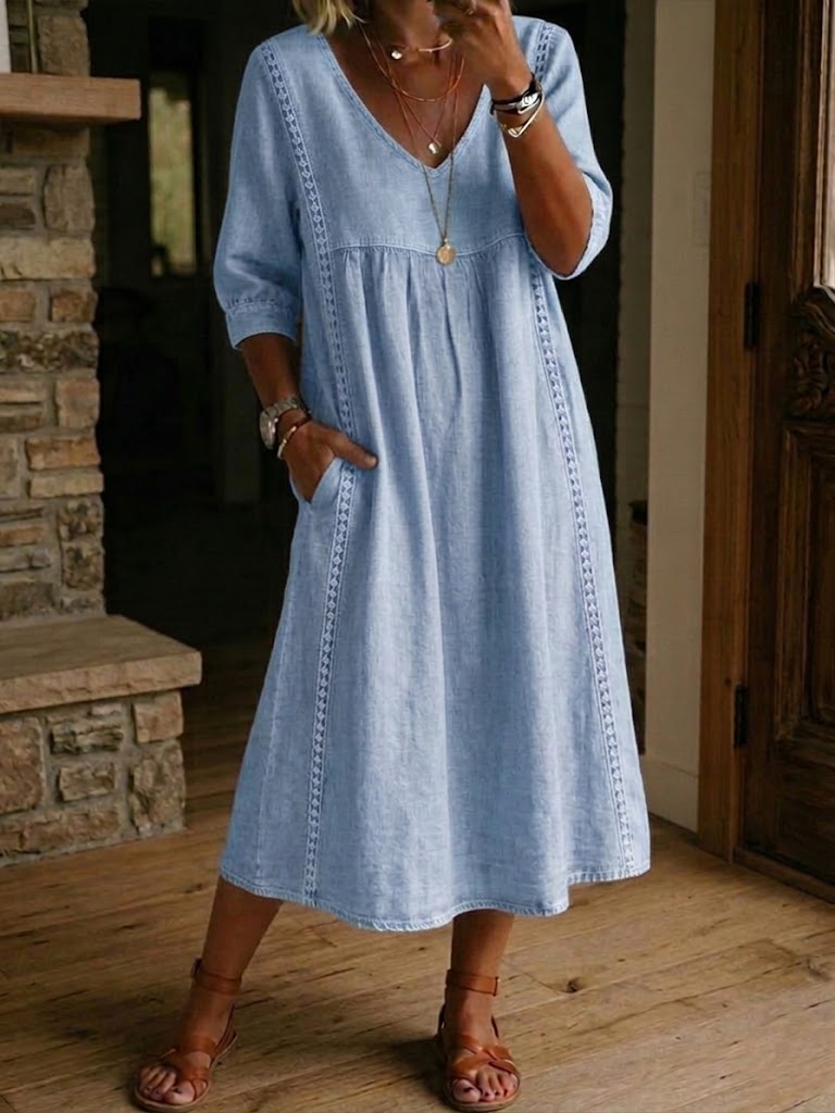 Women's Casual Loose-fitting Patchwork Lace Trim Linen And Cotton Dress