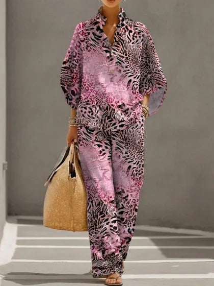 Stand-up collar polo shirt & wide-leg pants retro print two-piece set