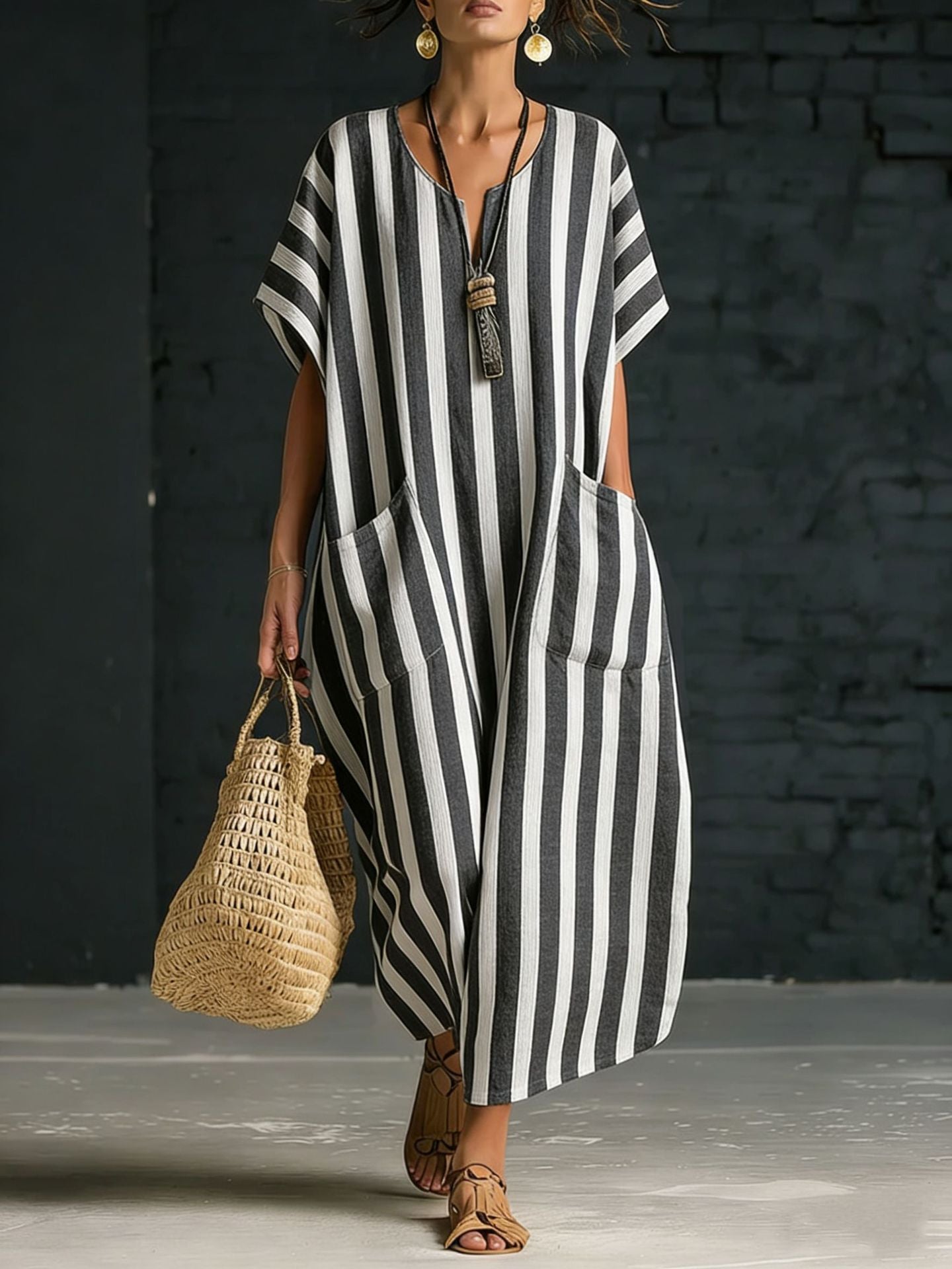 Women's V-Neck Striped Linen Dress
