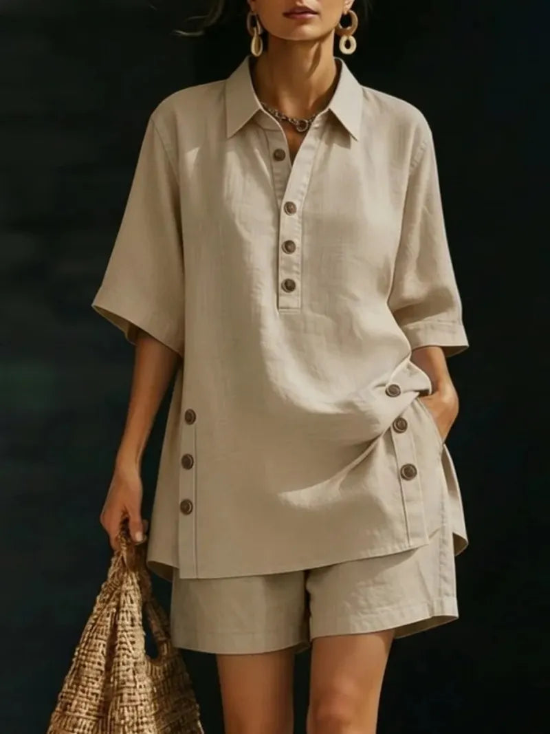 Women Collar Half Button 2 Piece Matching Set Side Button Tunic Top Loose Shorts Resort Casual Outfit