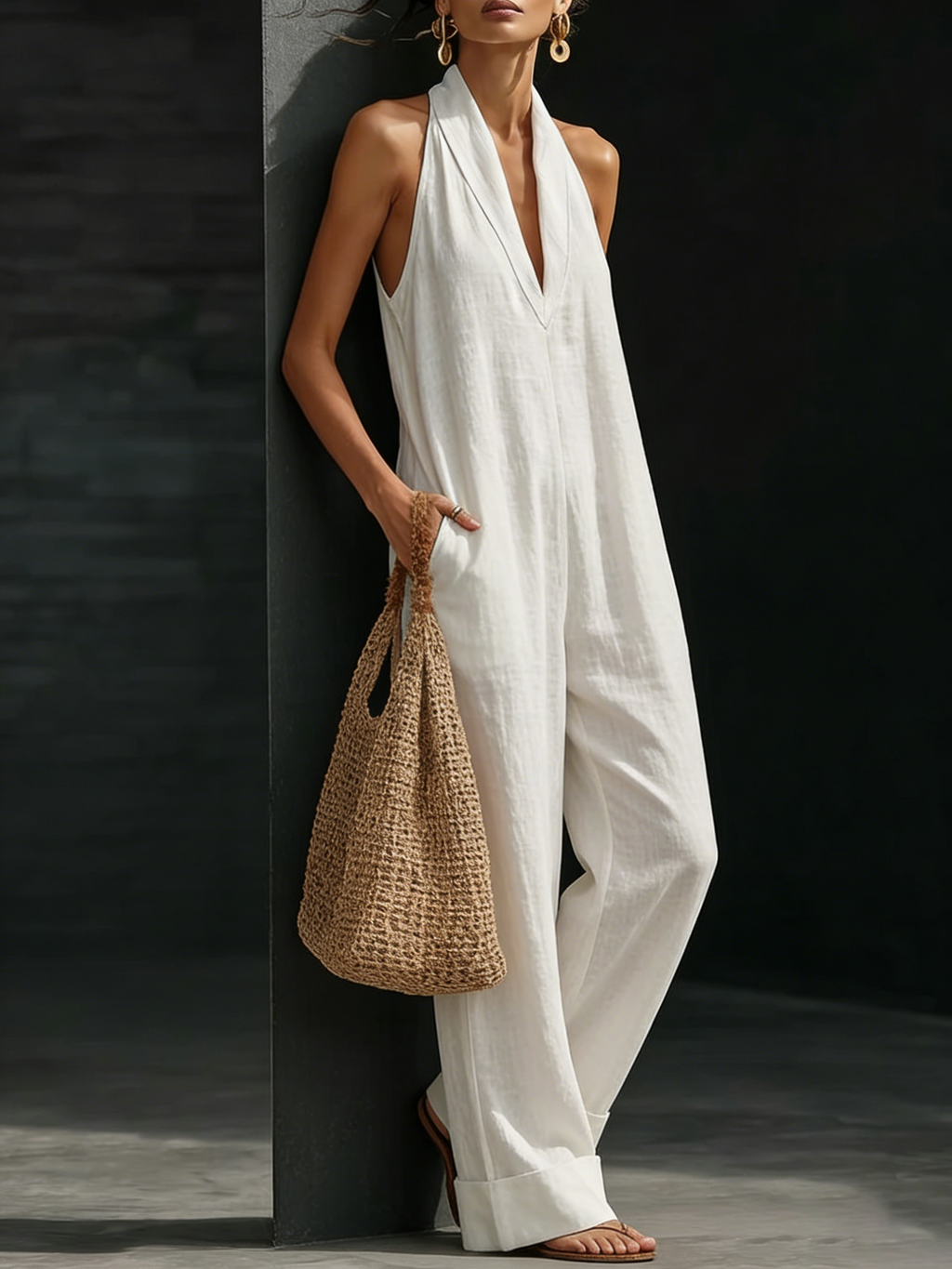 Halter Neck Linen Jumpsuit | Women's Wide Leg One Piece Outfit