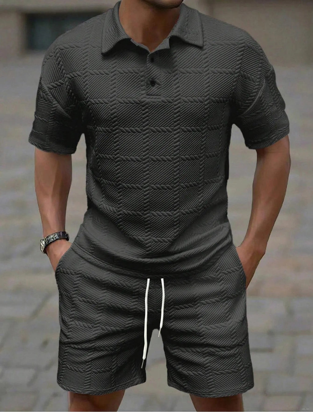Men Textured Jacquard 2 Piece Matching Set