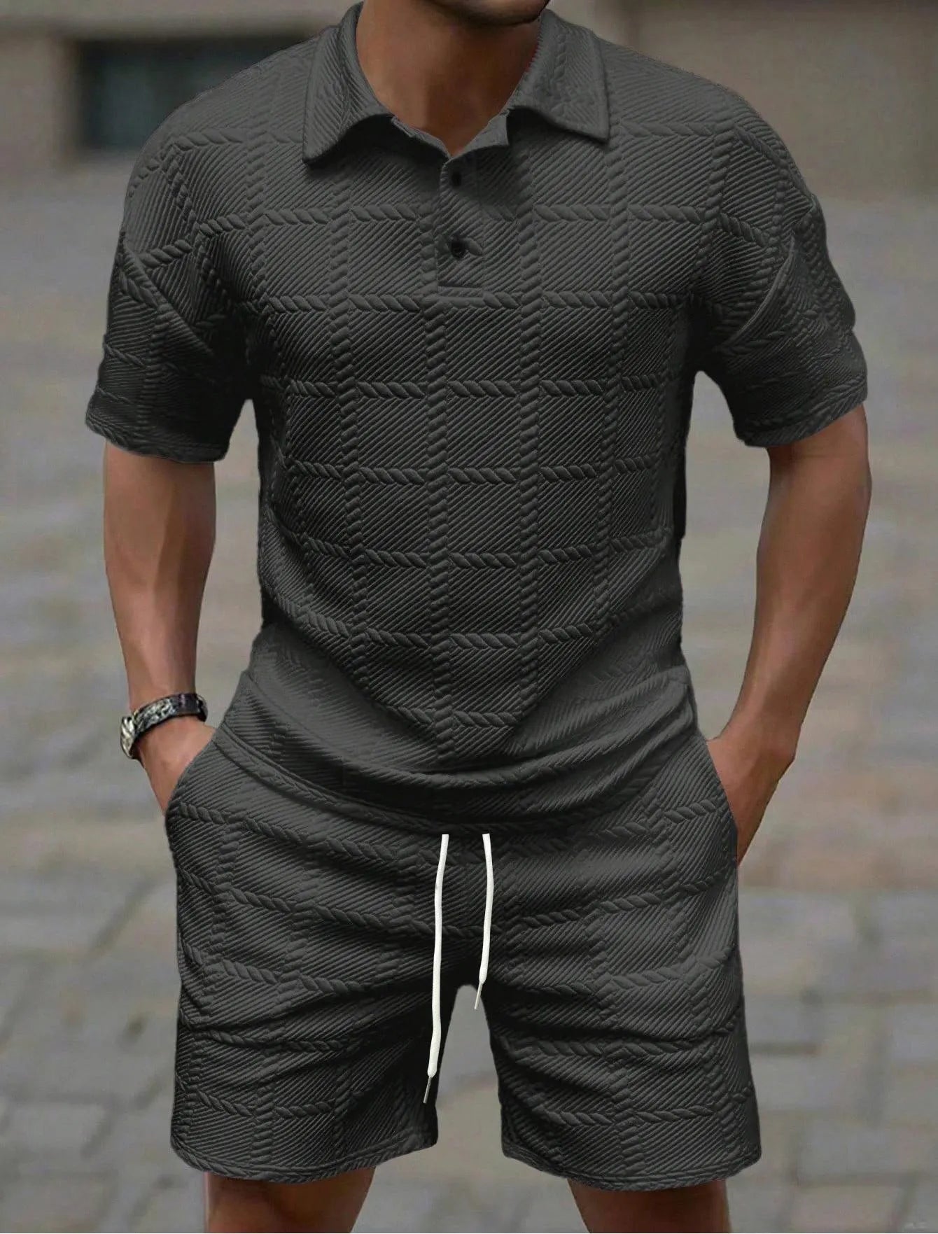 Men Textured Jacquard 2 Piece Matching Set
