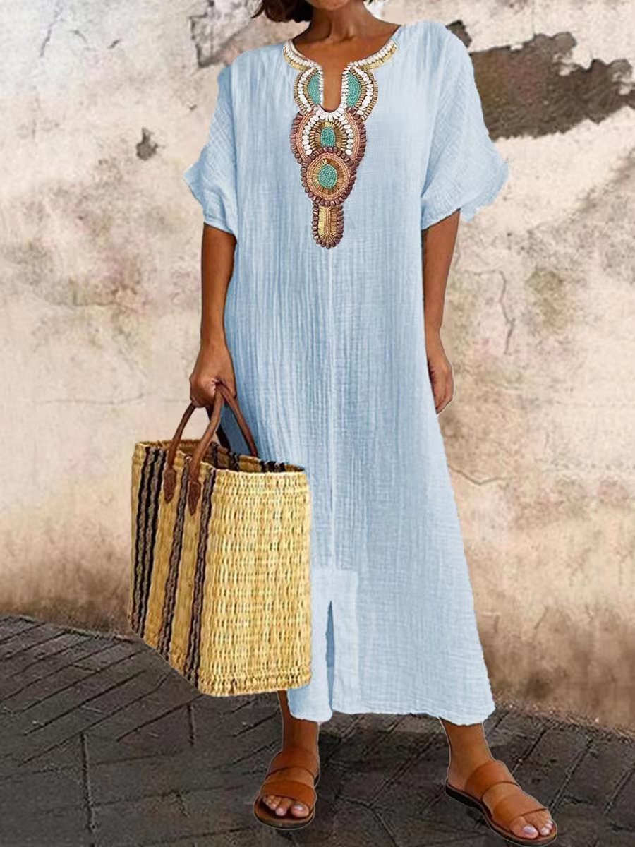 Women's Boho Embroidered Linen-Blend Kaftan Maxi Dress