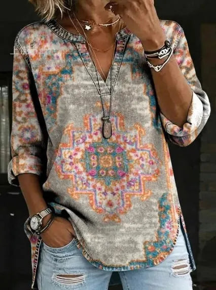 Bohemian Graphic Print Women Tunic Top Notch Collar Half Placket 3/4 Sleeve Pocket Casual Daily Blouse