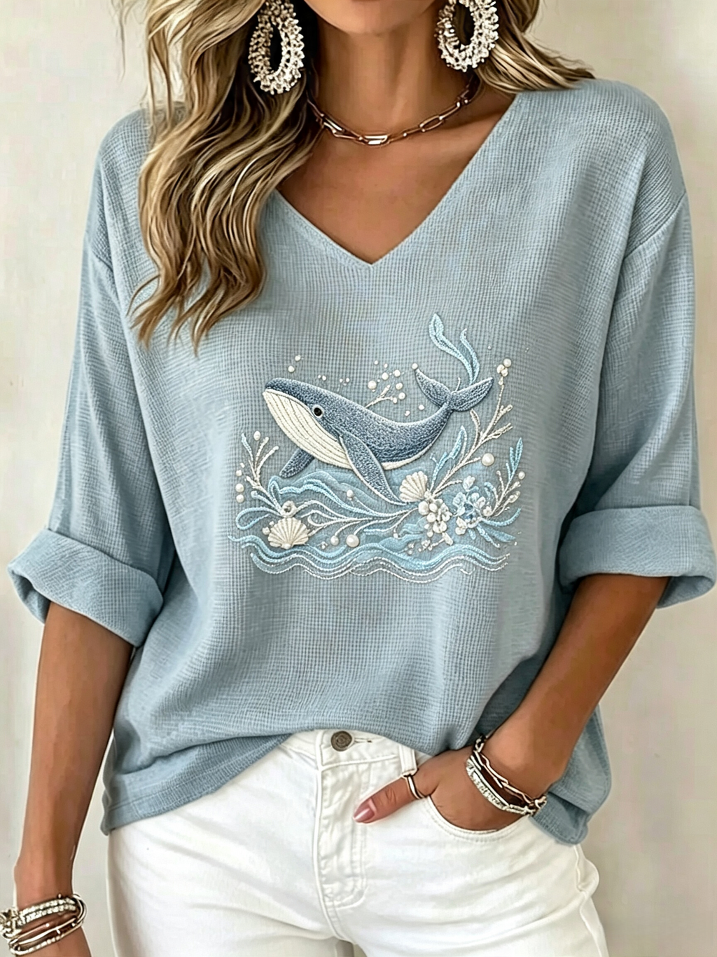Women's Waffle Knit V Neck Top | 3/4 Sleeve Relaxed Fit [Marine Theme] Casual Vacation Shirt