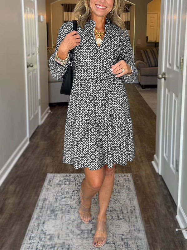 Women's V Neck Vintage Printed Dress