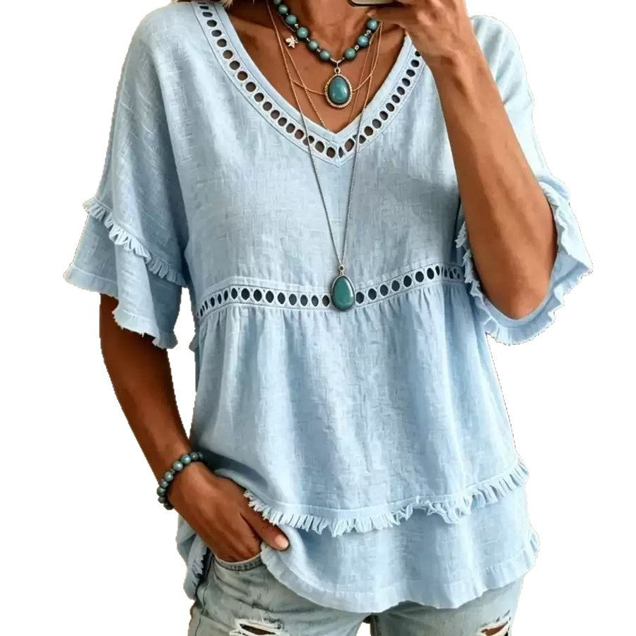 Women's V-Neck Eyelet Ruffle Trim Peplum Blouse