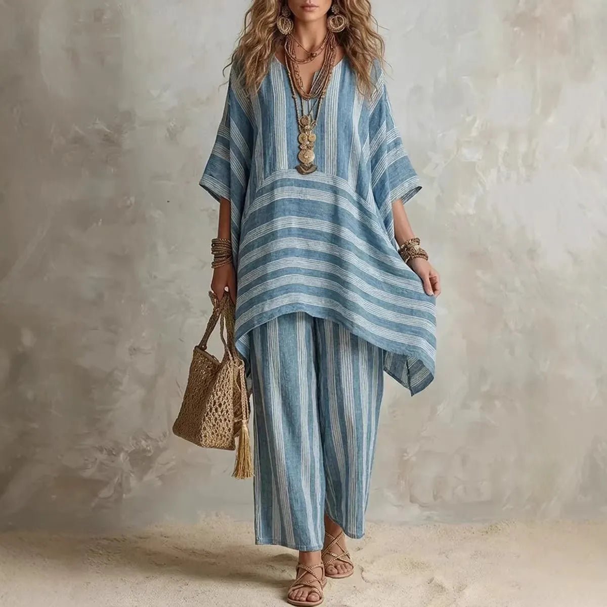 Women Striped V-Neck Batwing Sleeve Top & Wide Leg Pants 2 Piece Resort Loungewear Set