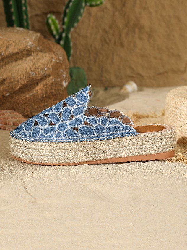 Summer Hollow Out Floral Embroidered Platform Mules