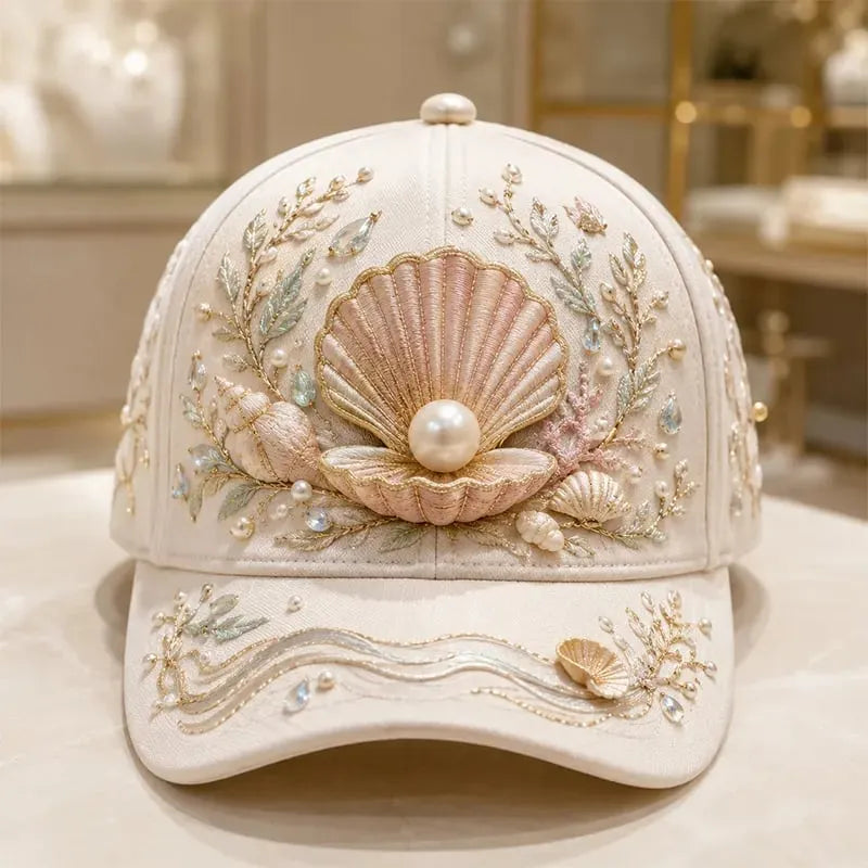 🌊 3D Ocean Creatures Embroidery Cap | Pearl & Crystal Adjustable Hat for Beach, Travel & Everyday Wear