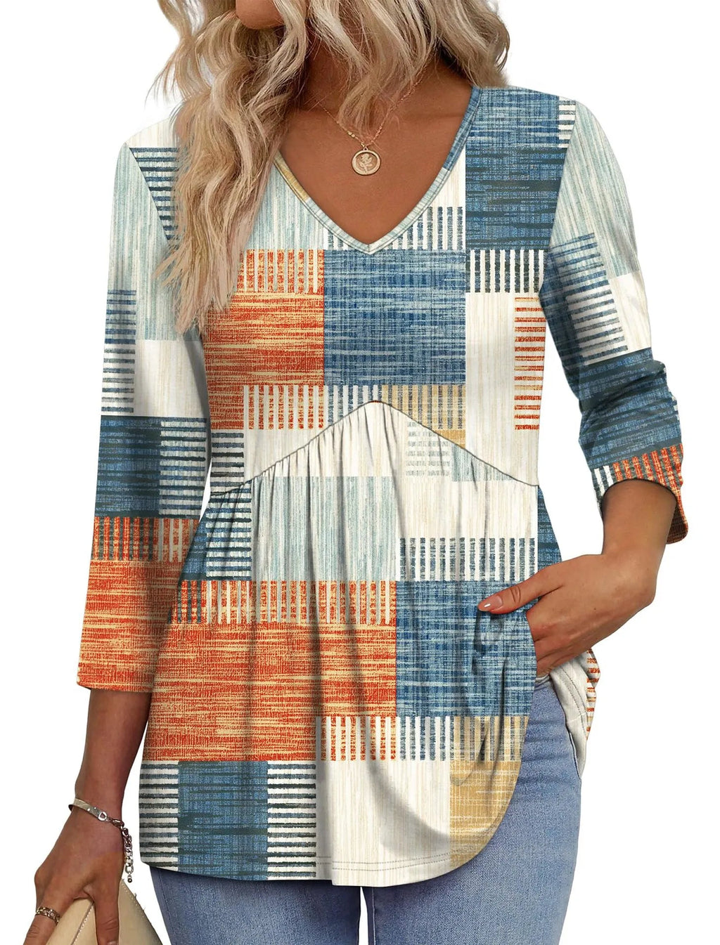 Women V Neck 3/4 Sleeve Leaf Print Empire Waist Tunic Top