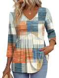 Women V Neck 3/4 Sleeve Leaf Print Empire Waist Tunic Top
