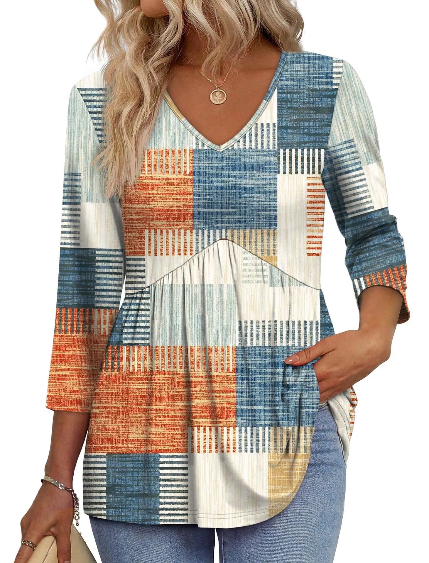 Women V Neck 3/4 Sleeve Leaf Print Empire Waist Tunic Top