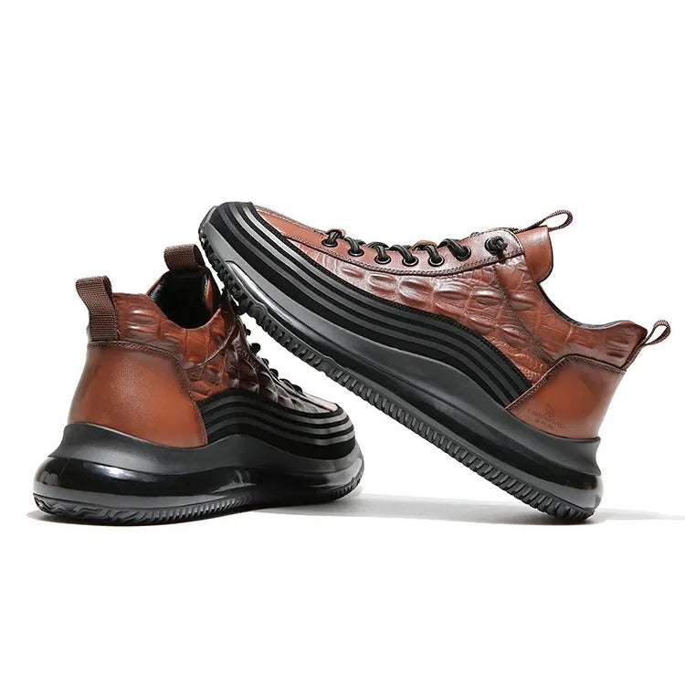 Mens Crocodile Print Genuine Leather Non-slip Arch Support Casual Sneakers