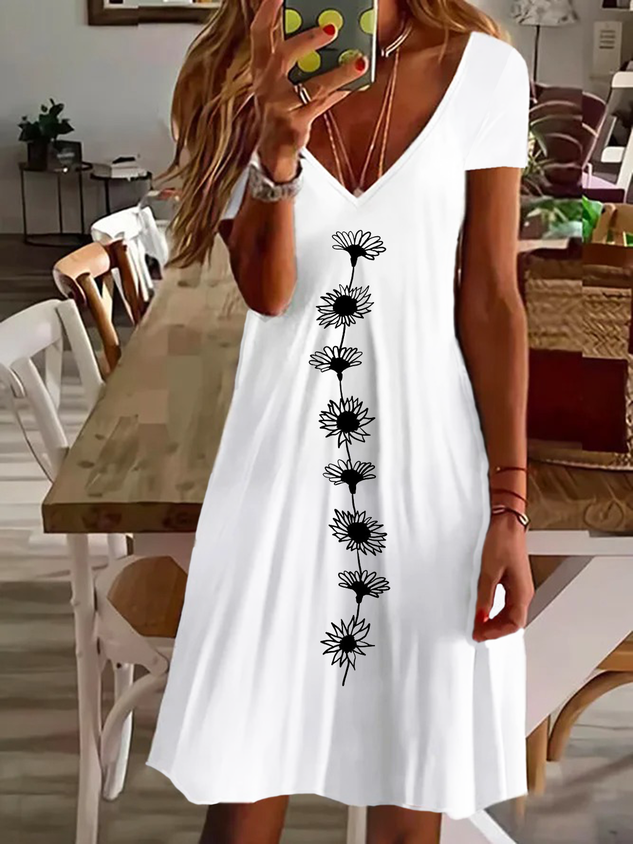 Women's Floral Spring Print Casual Short Sleeve V-Neck Dress