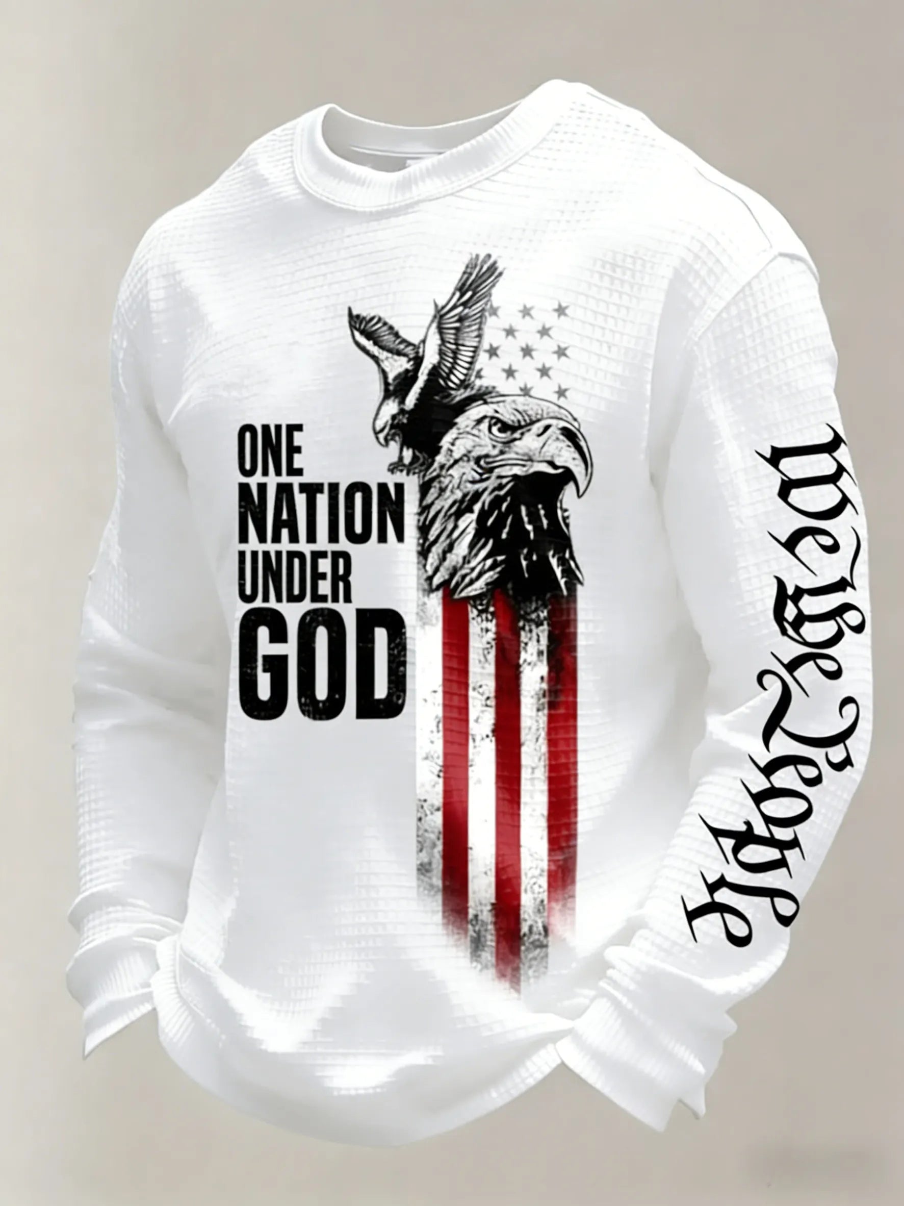Men's One Nation Under God Retro Eagle & Flag Print Waffle-Knit Long-Sleeve Top