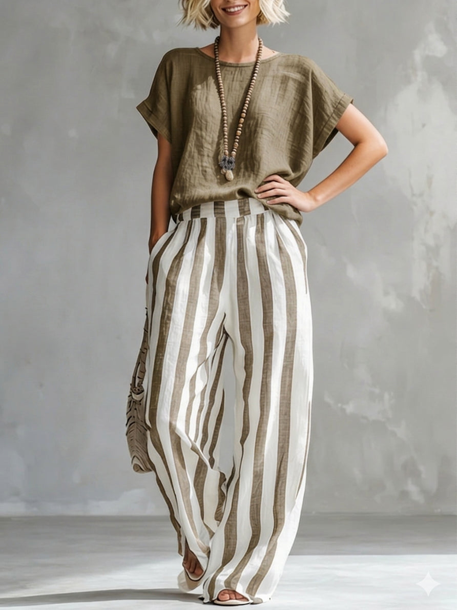 Linen Cotton Two Piece Set | Women's Striped Casual Outfit