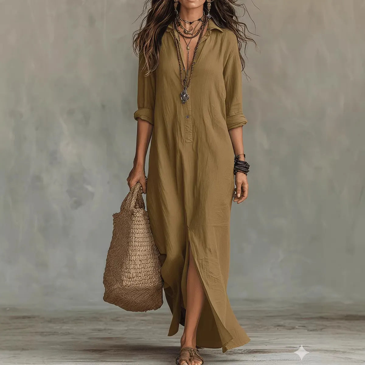 Women Lapel Half Button Maxi Shirt Dress Rolled 3/4 Sleeve Front High Slit Loose Boho Long Dress