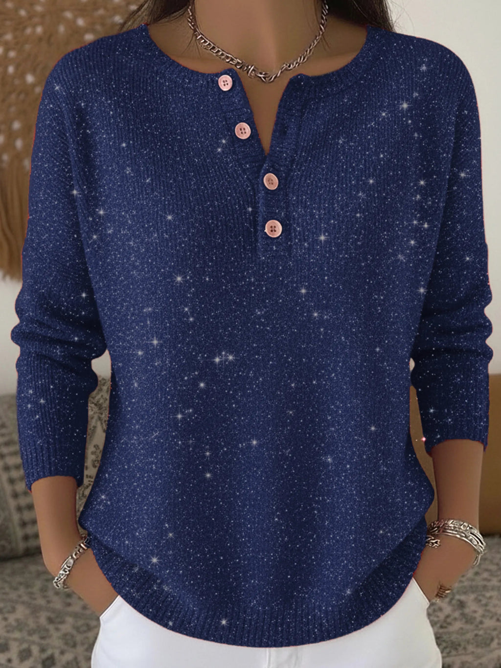 Women's Shiny Henley Neck Solid Color Sweater Top