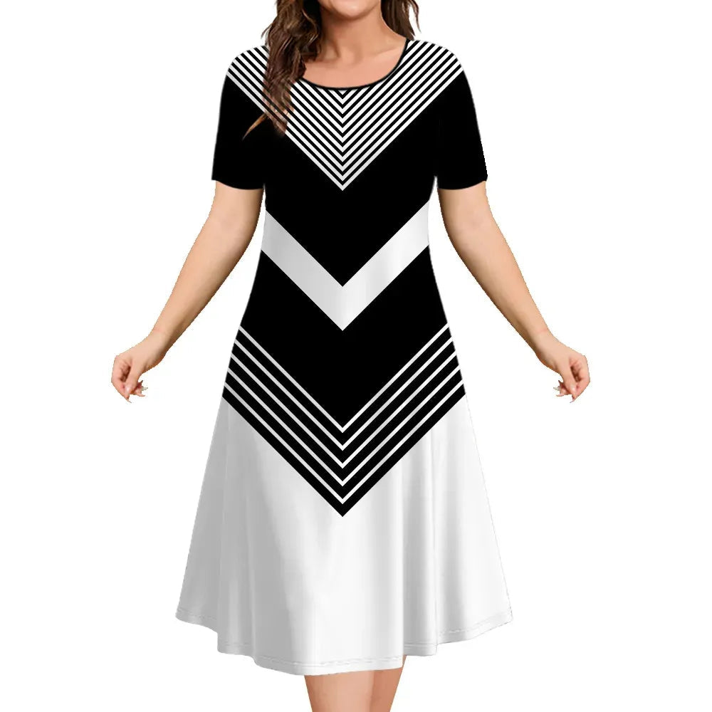 Women Geometric Color Block Short Sleeve Midi Dress