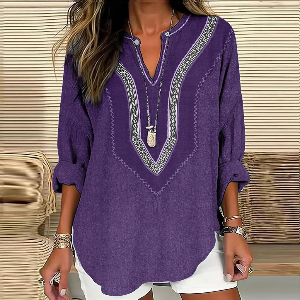 Split V-Neck 3/4 Sleeve Loose Fit Casual Top