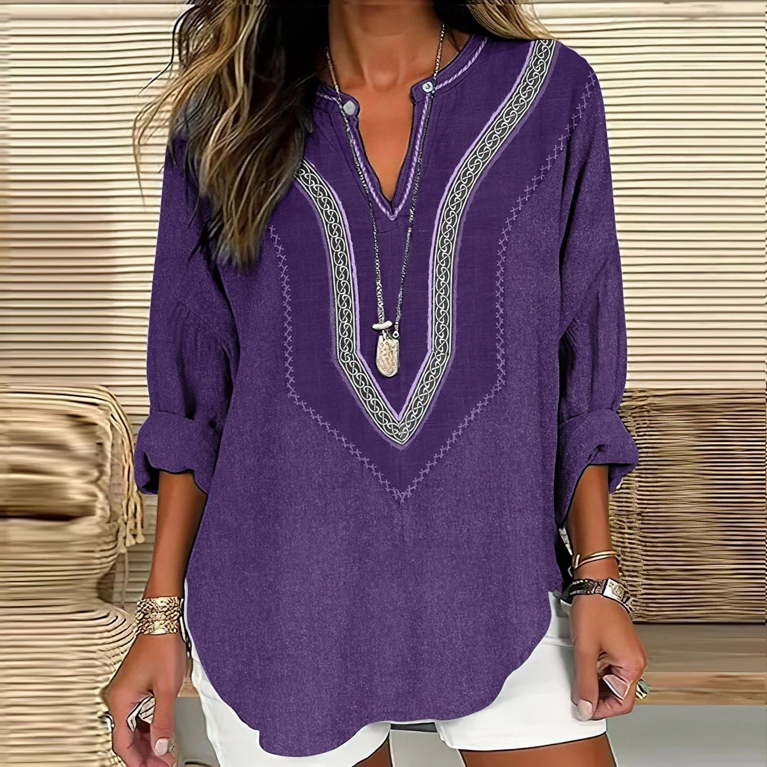 Split V-Neck 3/4 Sleeve Loose Fit Casual Top