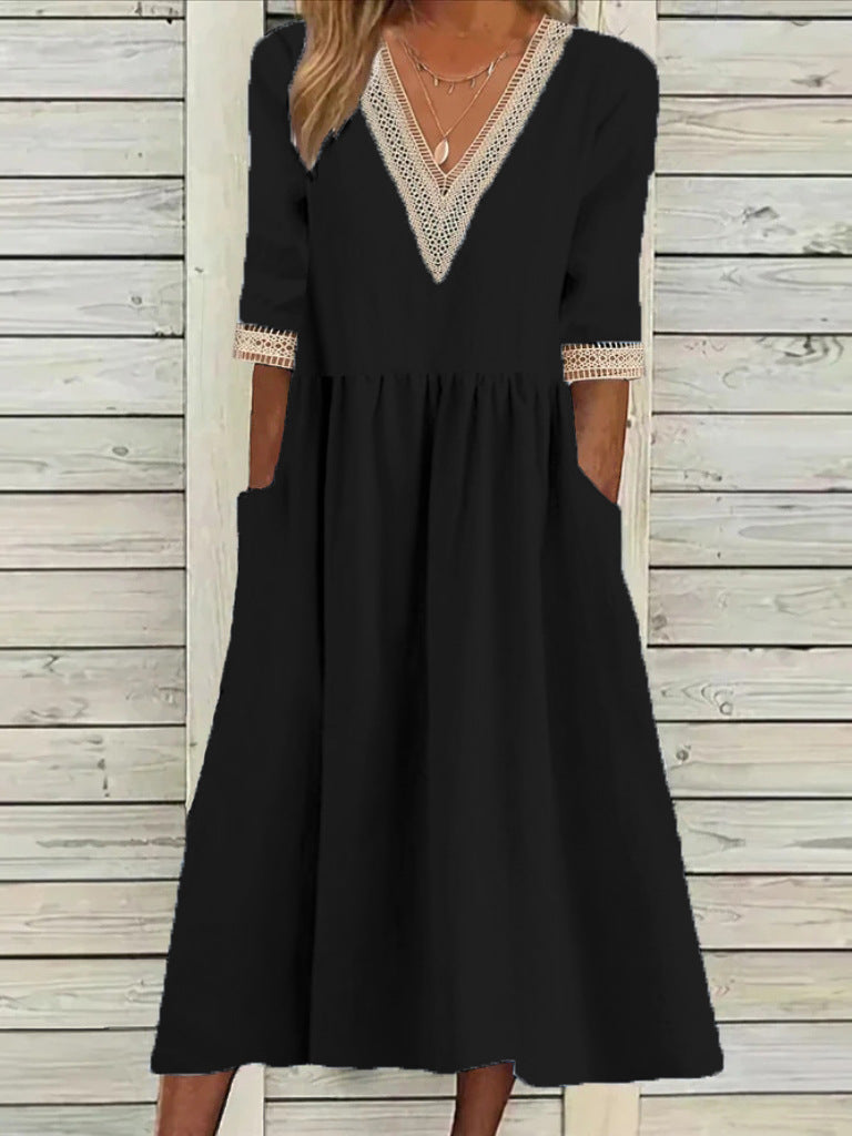 Women's V-Neck Lace Trim Midi Dress