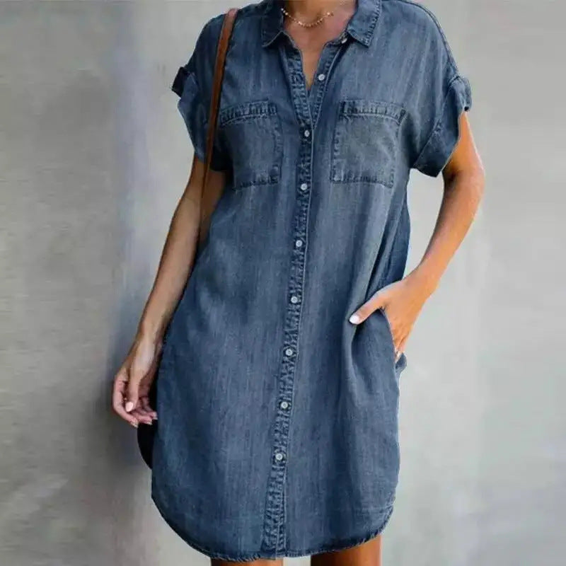 Collared short-sleeved slim-fit denim dress