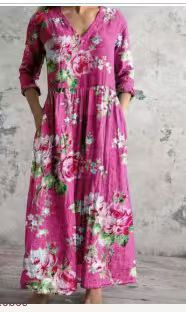 Women's Boho Floral Print Linen Maxi Dress