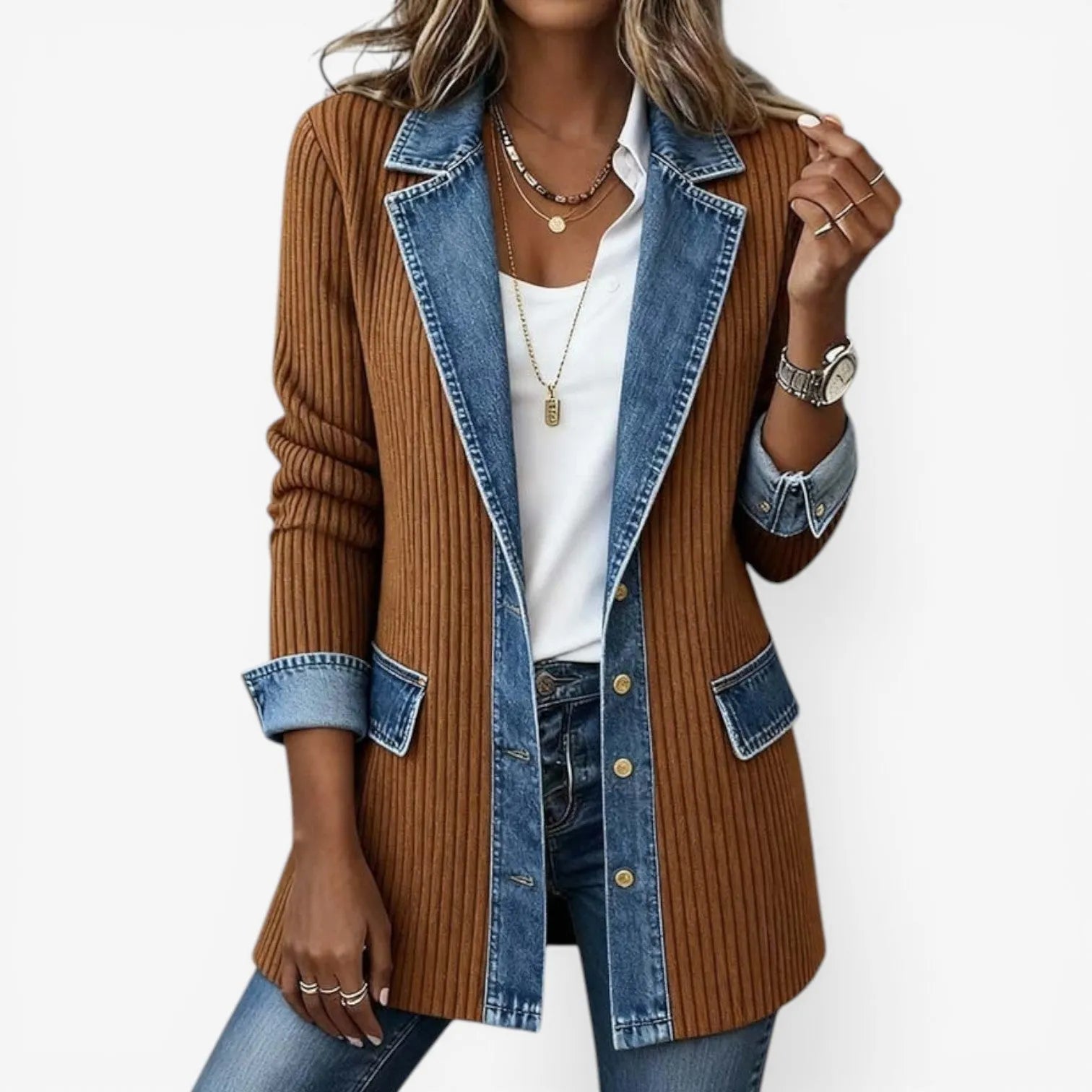 Elegant mixed-media denim and knit cardigan.