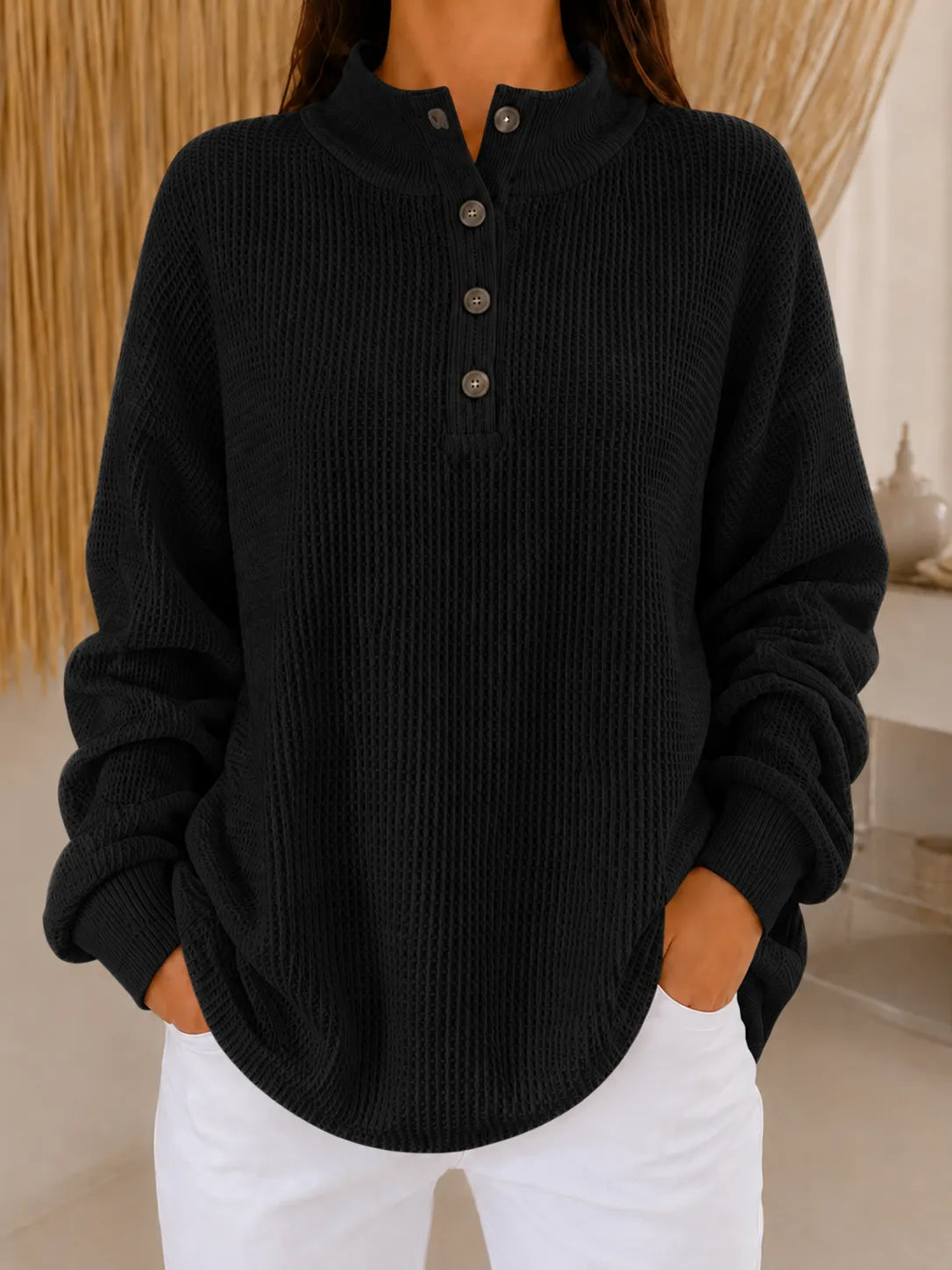 Cozy Luxe Waffle Knit Button-Down Pullover - Loose Fit Casual Long Sleeve Tops
